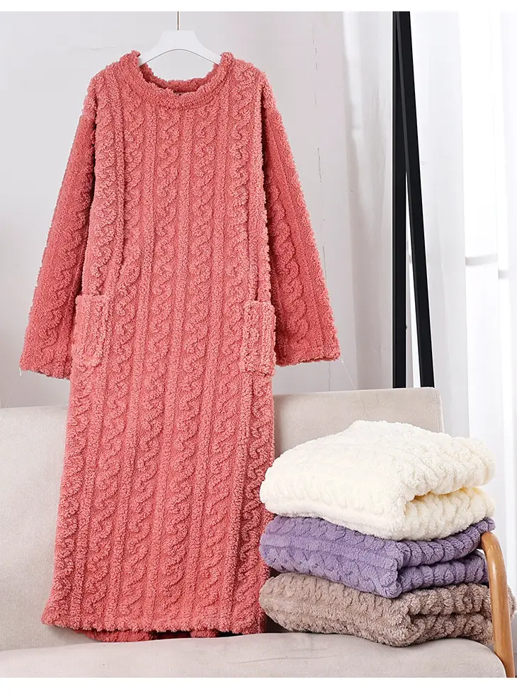 Nightgown Thickened Home Clothes Bathrobe Coral Fleece Nightgown Warm Pajamas Autumn and Winter Women's Long Long Sleeve Loose — feature 5