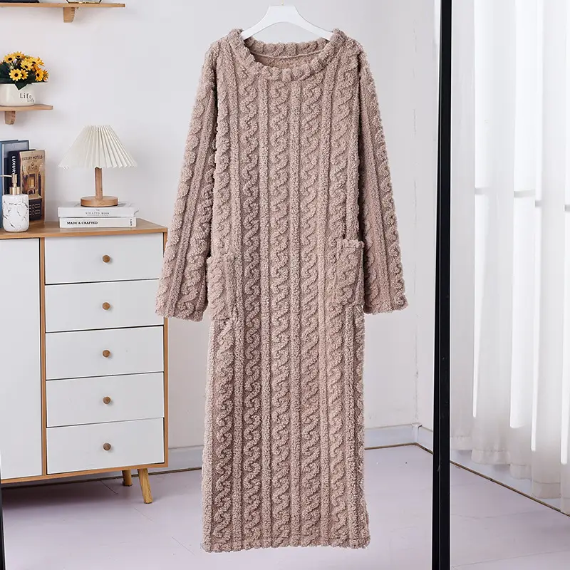 Nightgown Thickened Home Clothes Bathrobe Coral Fleece Nightgown Warm Pajamas Autumn and Winter Women's Long Long Sleeve Loose