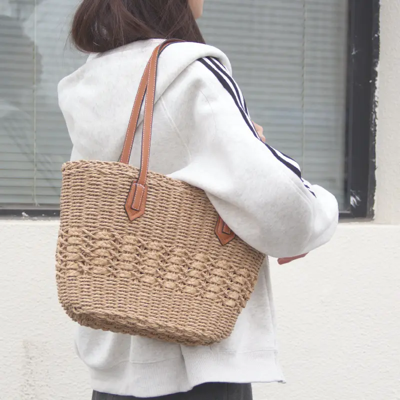 Straw Shoulder Bag Large Capacity Vegetable Basket Handbag Casual Beach All-match Straw Handmade Beach - Image 4