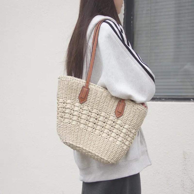 Straw Shoulder Bag Large Capacity Vegetable Basket Handbag Casual Beach All-match Straw Handmade Beach - Image 5
