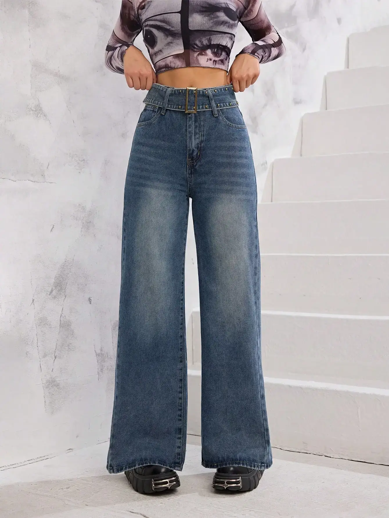 Wide Leg Blue Denim Jeans for Girls - Image 2