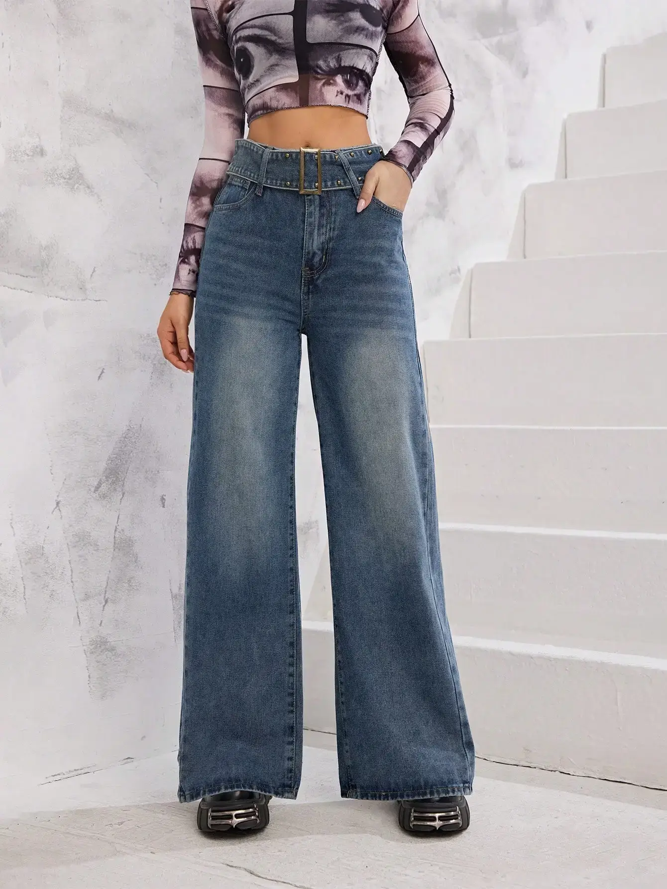 Wide Leg Blue Denim Jeans for Girls — feature 10