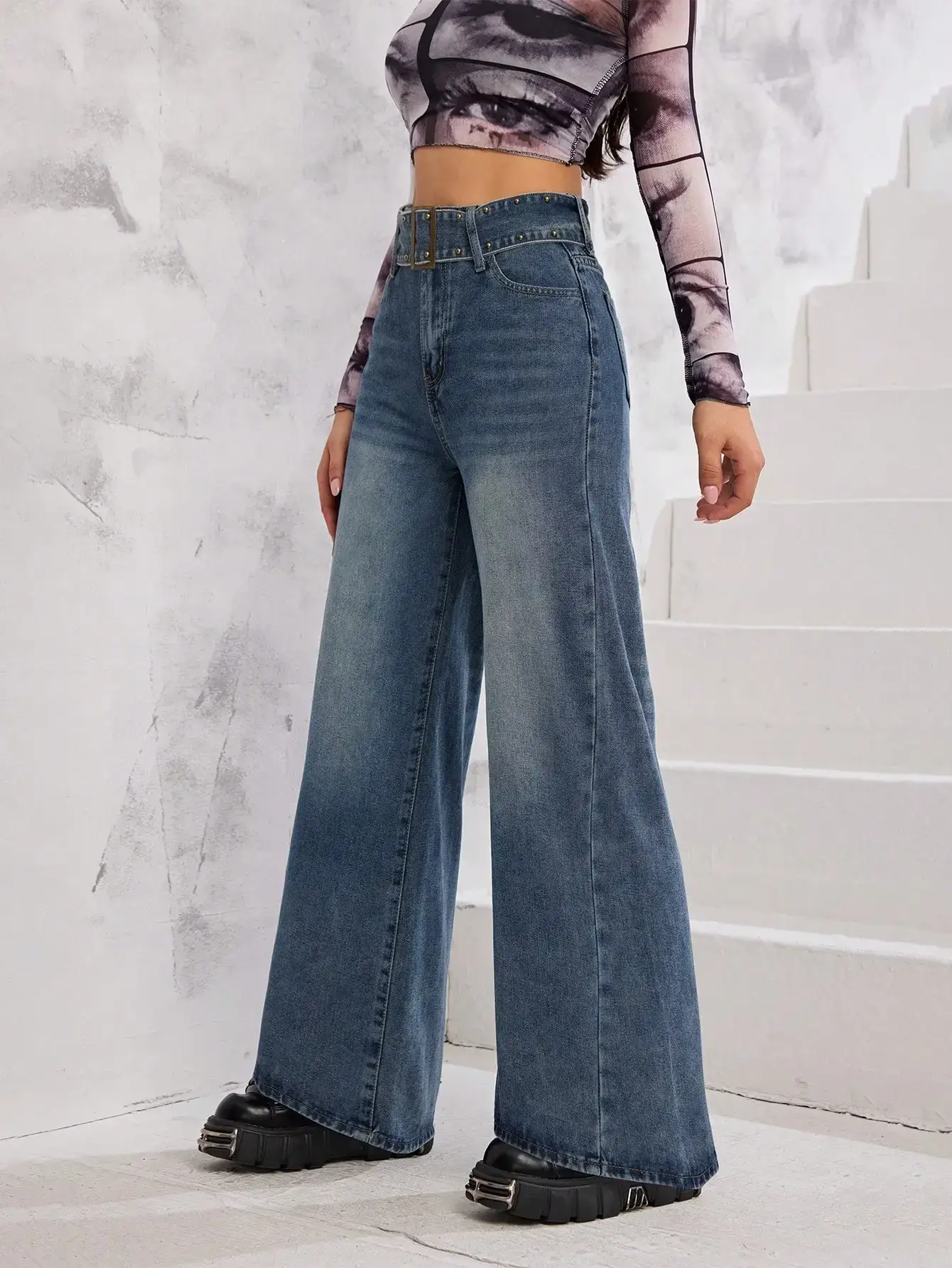 Wide Leg Blue Denim Jeans for Girls — feature 4