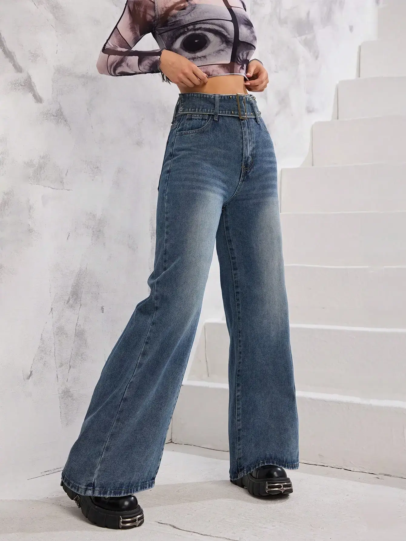 Wide Leg Blue Denim Jeans for Girls — feature 9