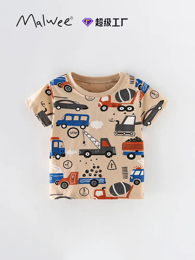 Malwee Summer Boys T-Shirt Beige Black Graphic Round Neck - Image 2