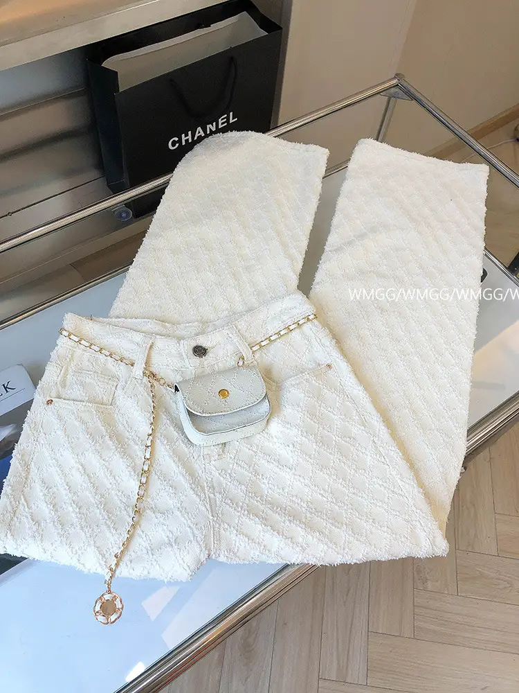 Design Sense Fragrant Style Plaid White Straight Jeans Women's 2024 Spring and Summer Loose Slimming Wide Leg Pants