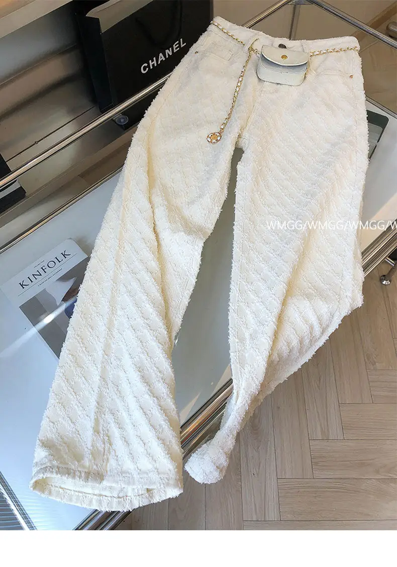 Design Sense Fragrant Style Plaid White Straight Jeans Women's 2024 Spring and Summer Loose Slimming Wide Leg Pants — feature 6