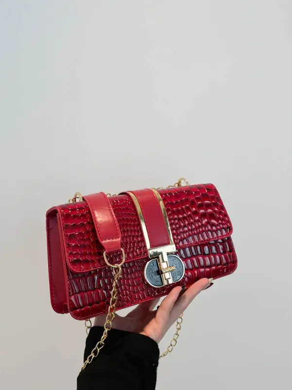 Red Croc Texture Women's Shoulder Bag with Chain - Image 8