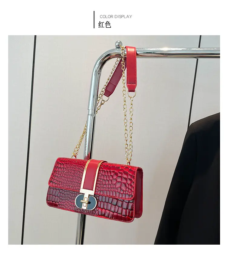 Red Croc Texture Women's Shoulder Bag with Chain — feature 21