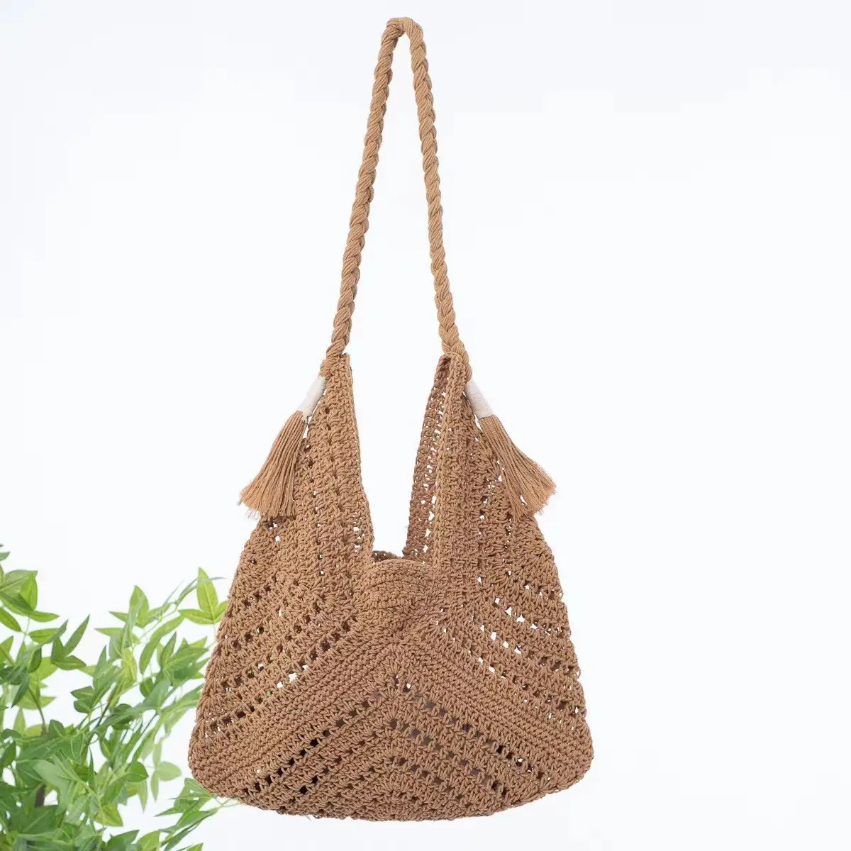 Women Straw Handwoven Crochet Bag Beige - Image 2