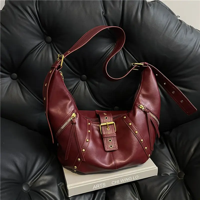Women's Rivet Single Shoulder Crossbody Bag Maroon 2024 - Image 3
