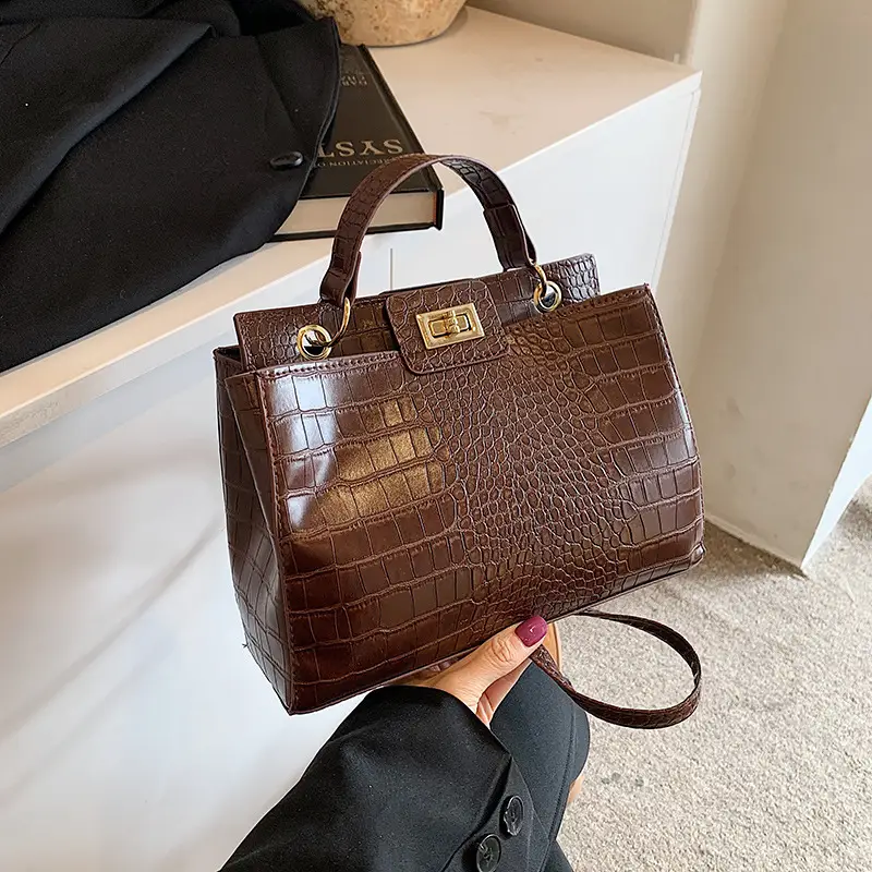 Vintage Croc Leather Shoulder Bag Brown Women 2024 - Image 6