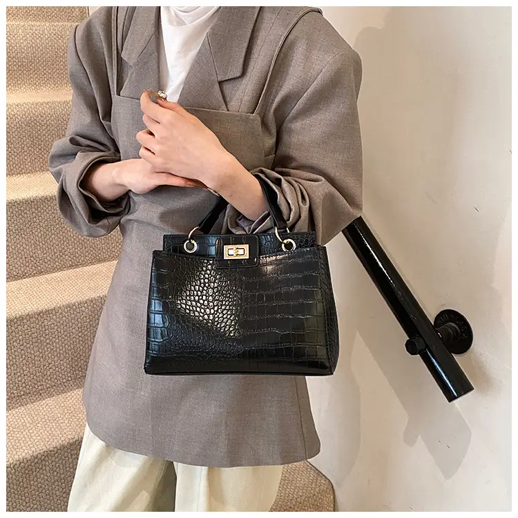 Brown Croc-Textured Women's Shoulder Bag with Top Handle