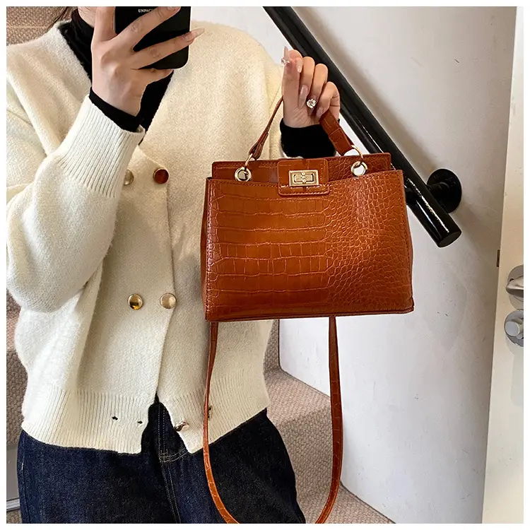 Brown Croc-Textured Women's Shoulder Bag with Top Handle — feature 10