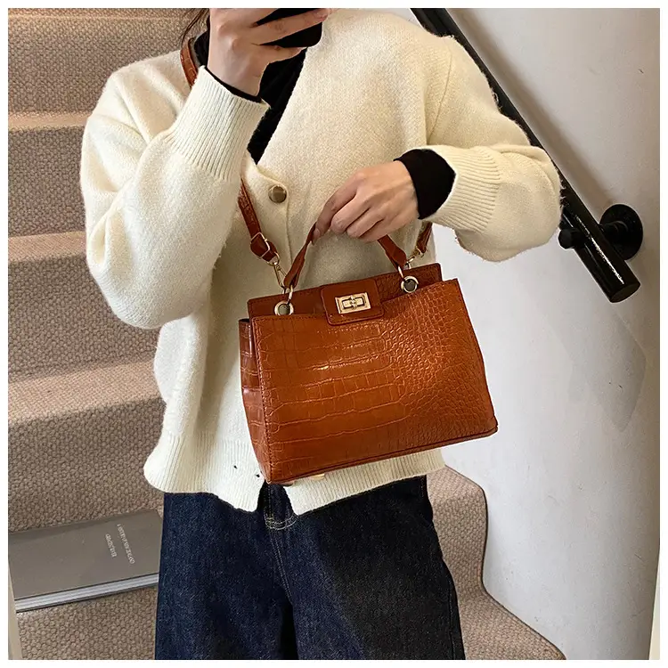 Brown Croc-Textured Women's Shoulder Bag with Top Handle — feature 11
