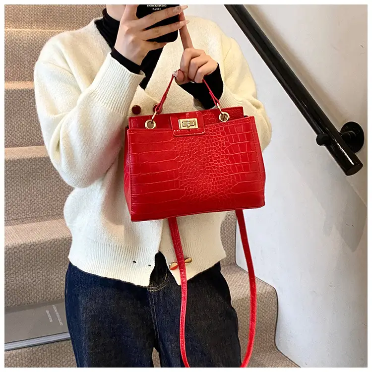 Brown Croc-Textured Women's Shoulder Bag with Top Handle — feature 13