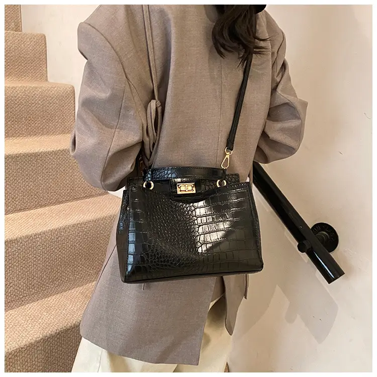 Brown Croc-Textured Women's Shoulder Bag with Top Handle — feature 18