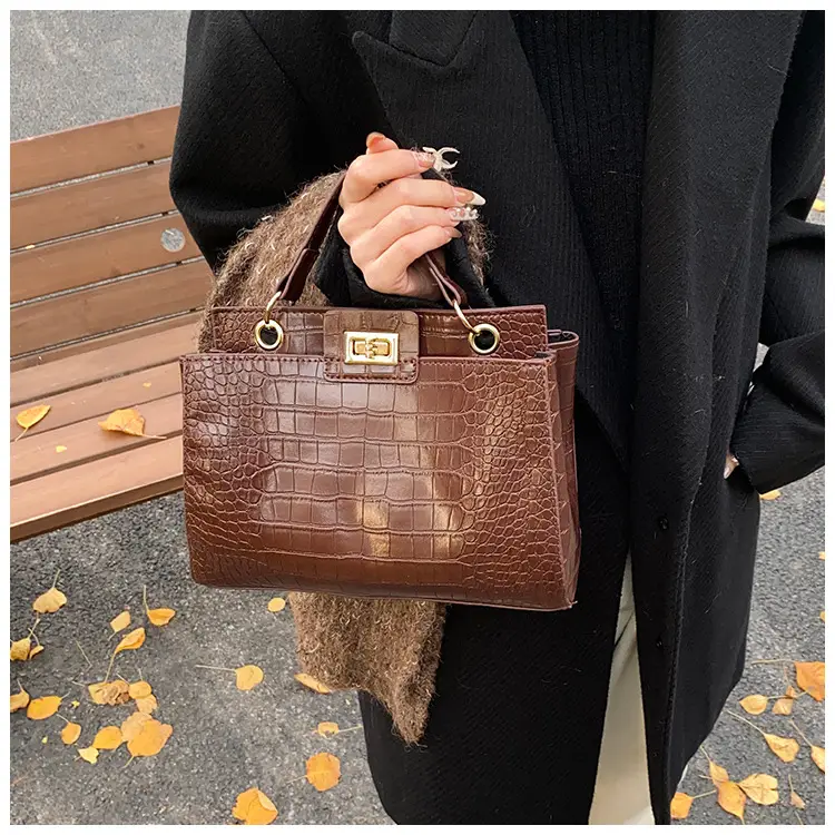 Brown Croc-Textured Women's Shoulder Bag with Top Handle — feature 19