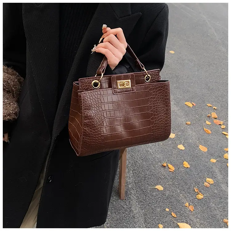Brown Croc-Textured Women's Shoulder Bag with Top Handle — feature 20
