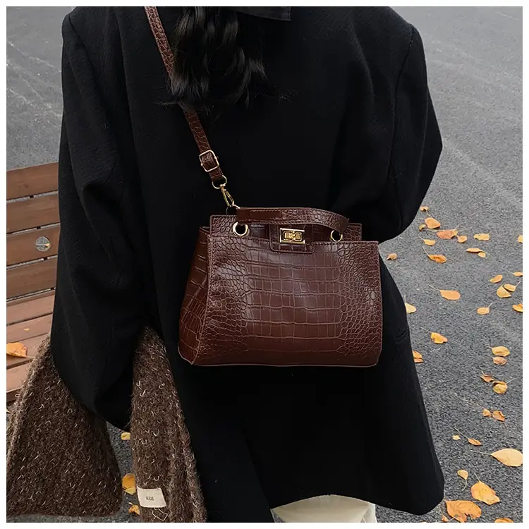 Brown Croc-Textured Women's Shoulder Bag with Top Handle — feature 21
