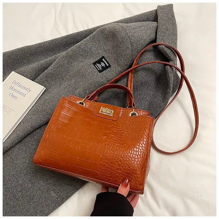 Brown Croc-Textured Women's Shoulder Bag with Top Handle