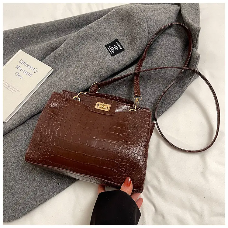 Brown Croc-Textured Women's Shoulder Bag with Top Handle