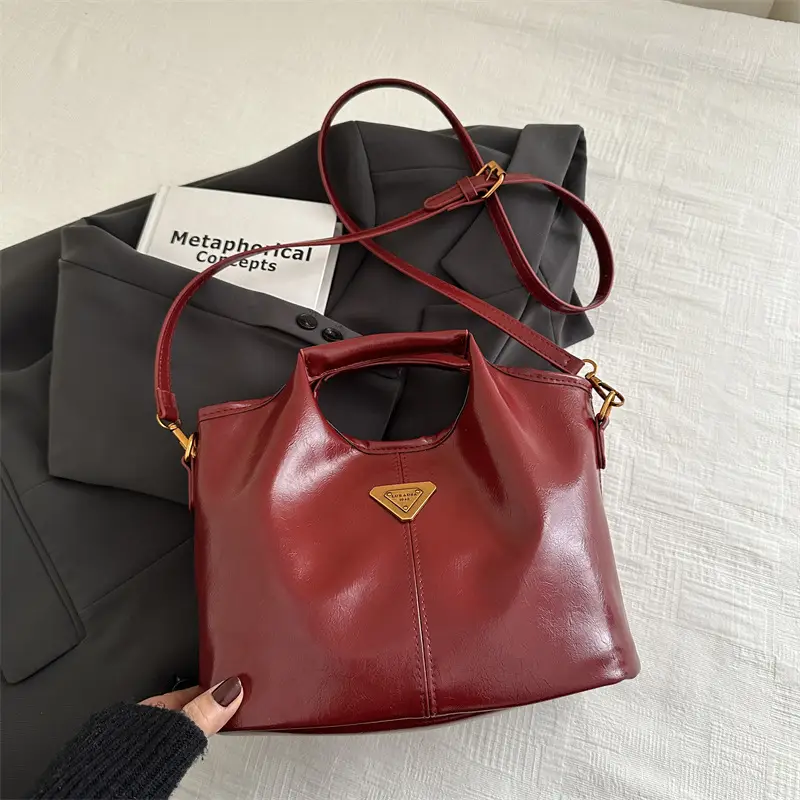 Women's Red Leather Bucket Bag 2024 Winter New