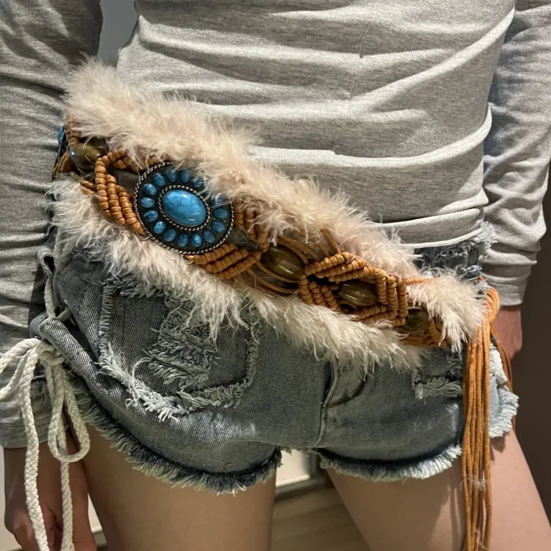 White Faux Fur Belted Waist Belt with Metal Buckle — feature 11