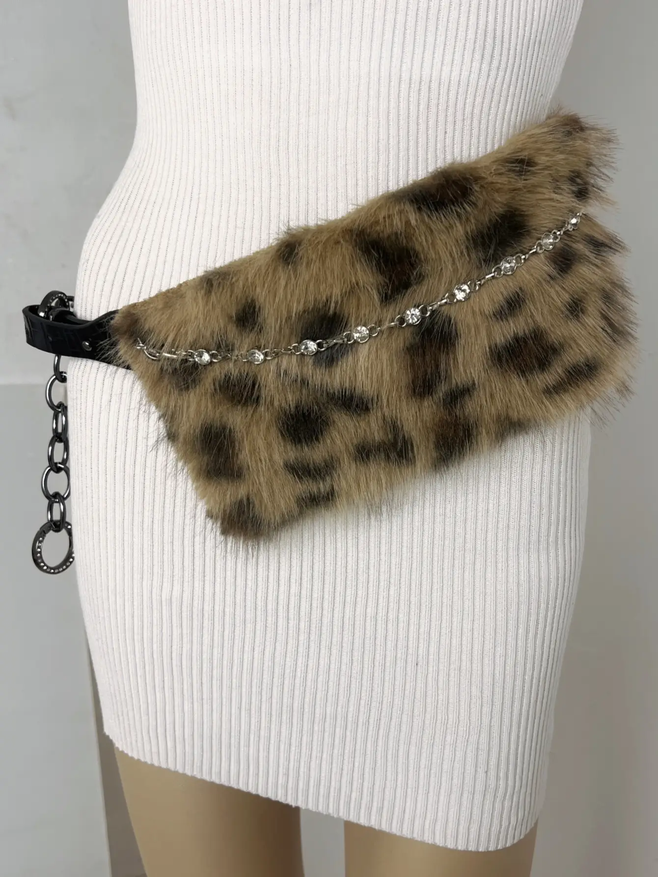 White Faux Fur Belted Waist Belt with Metal Buckle — feature 14