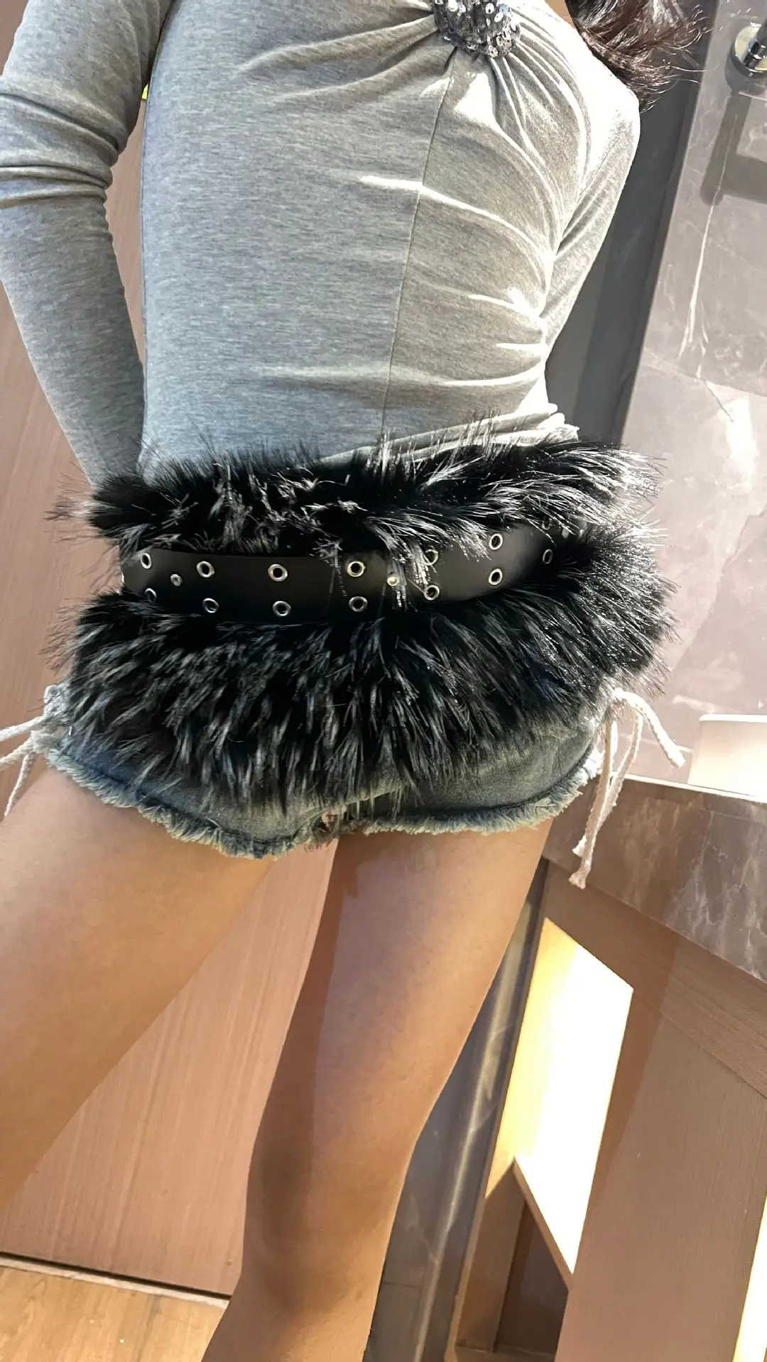 White Faux Fur Belted Waist Belt with Metal Buckle — feature 7
