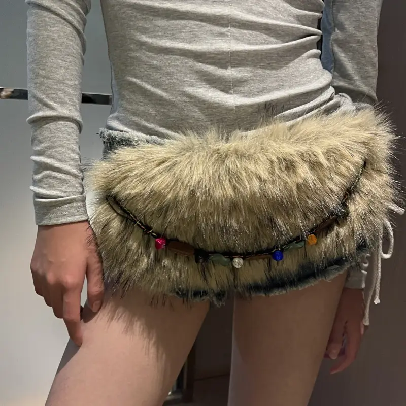 White Faux Fur Belted Waist Belt with Metal Buckle - Image 13