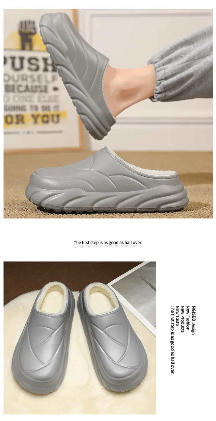Winter Cotton Slippers Men's Waterproof Outer Wear Thickened Trendy Couple's Home Heel Slippers fleece-lined Warm Cotton Shoes — feature 12
