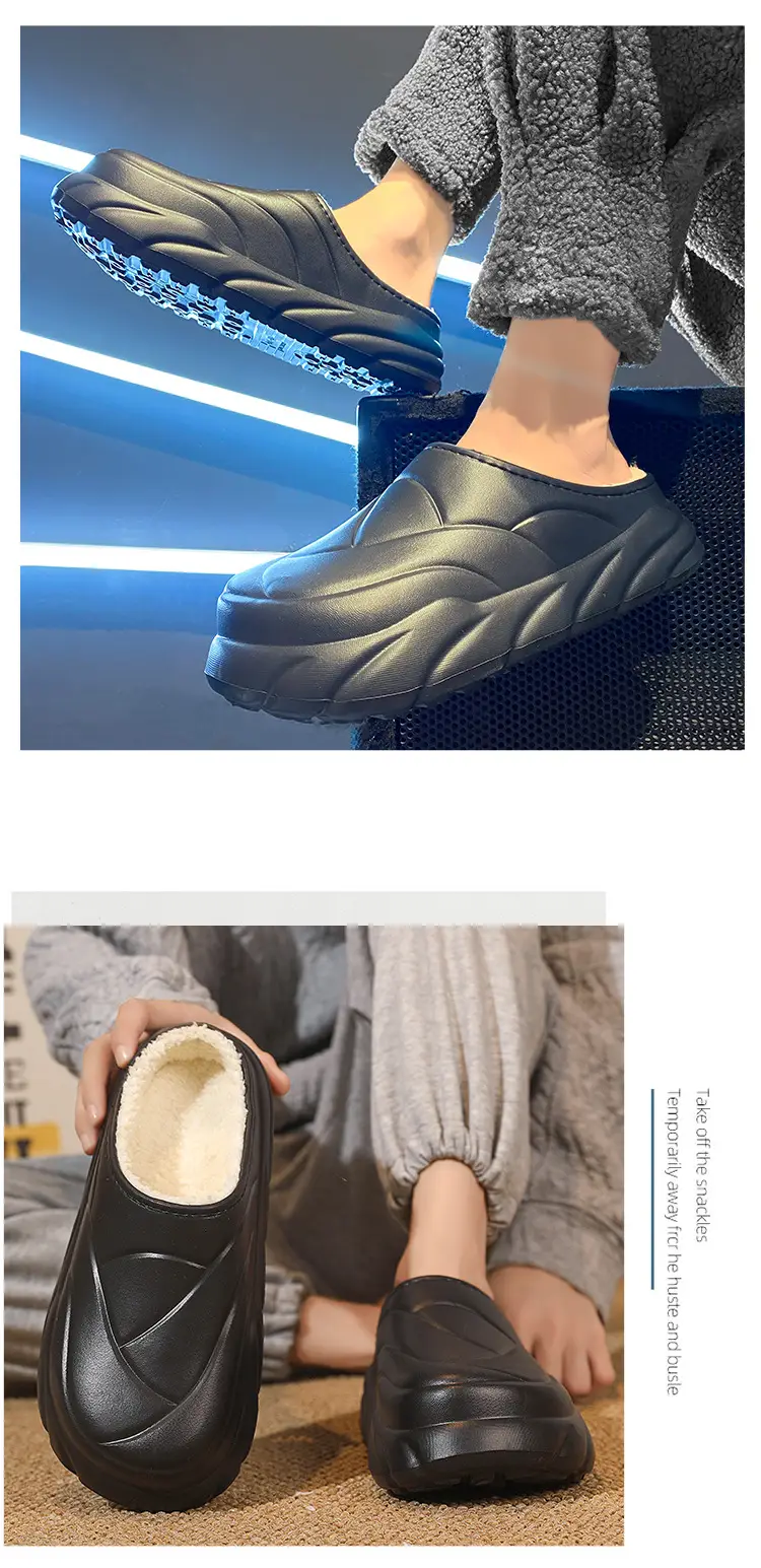 Winter Cotton Slippers Men's Waterproof Outer Wear Thickened Trendy Couple's Home Heel Slippers fleece-lined Warm Cotton Shoes — feature 3