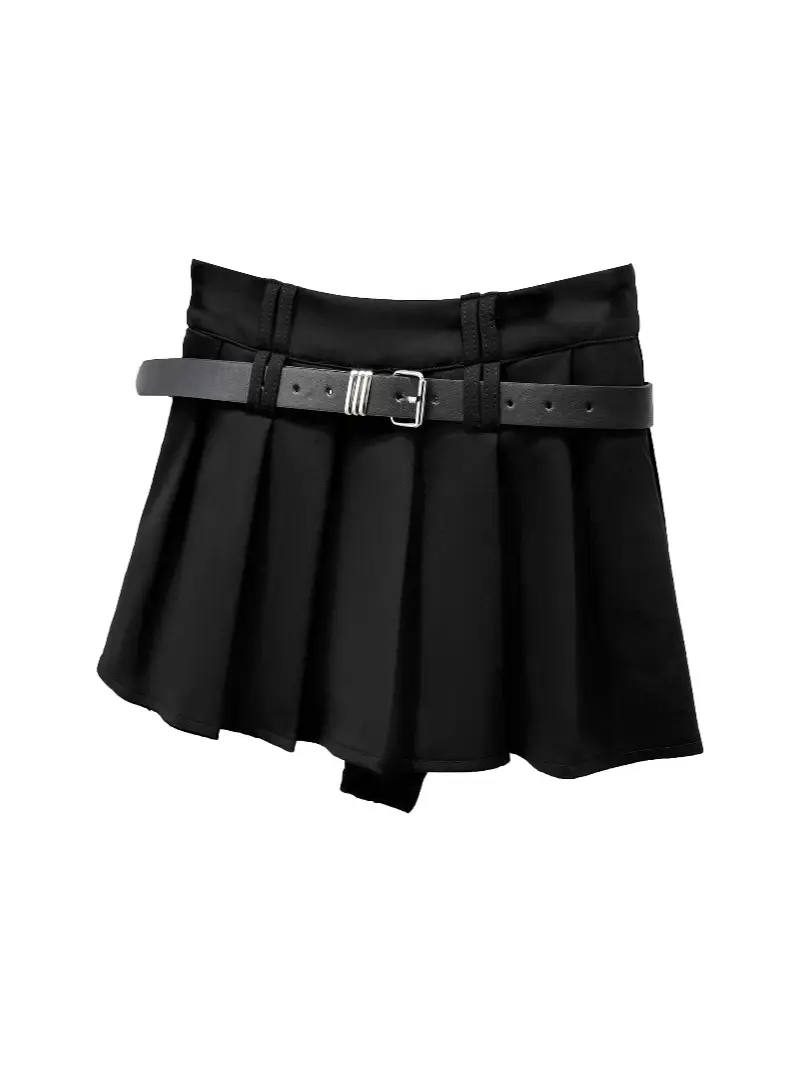 Black Pleated Skirt with Belt for Women - Image 6