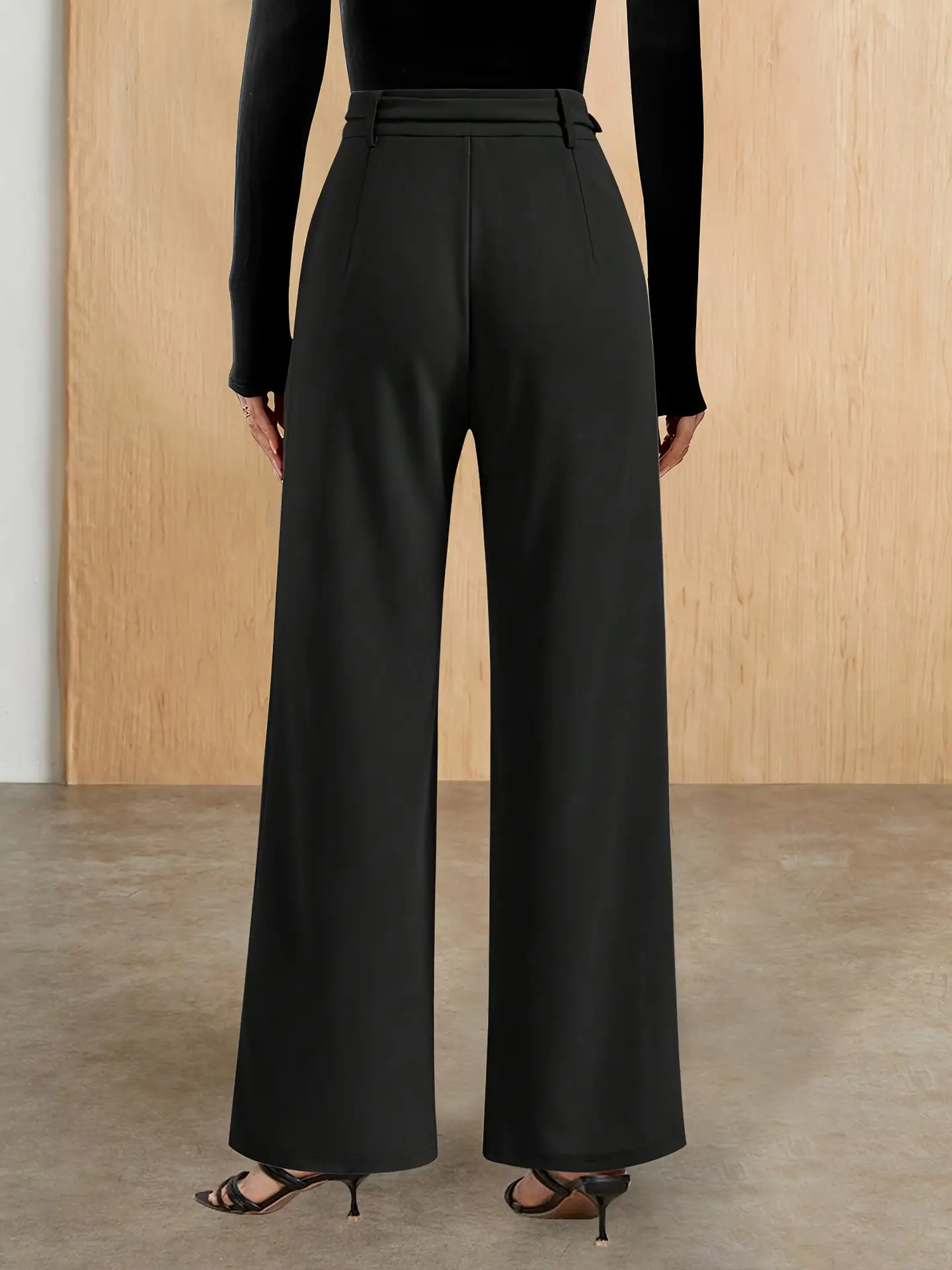 Black High-Waist Straight Pants with Metal Belt