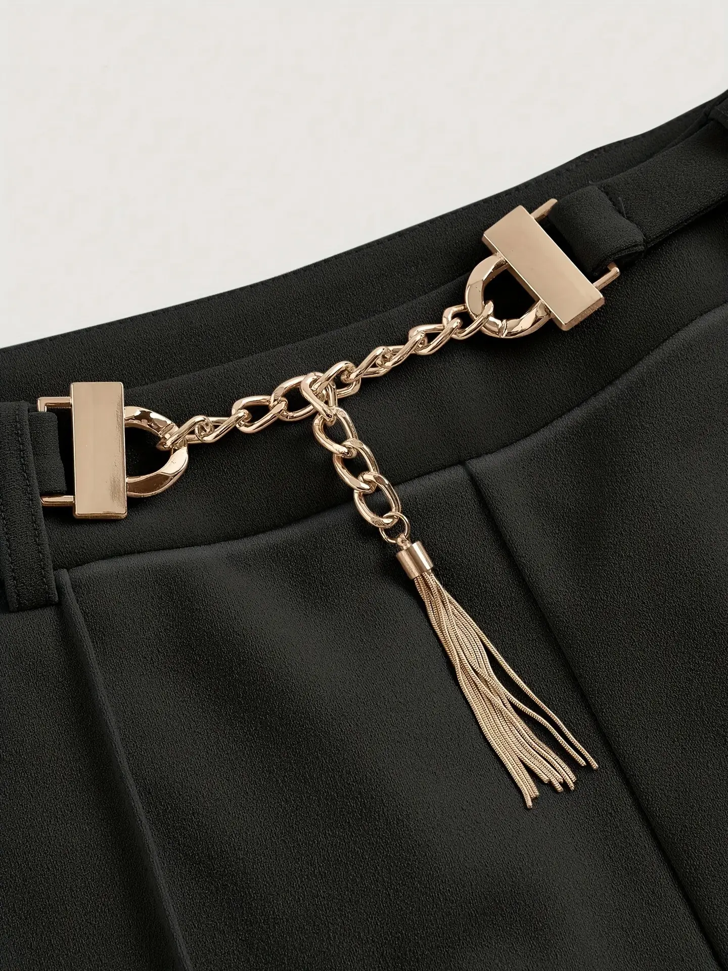 Black High-Waist Straight Pants with Metal Belt
