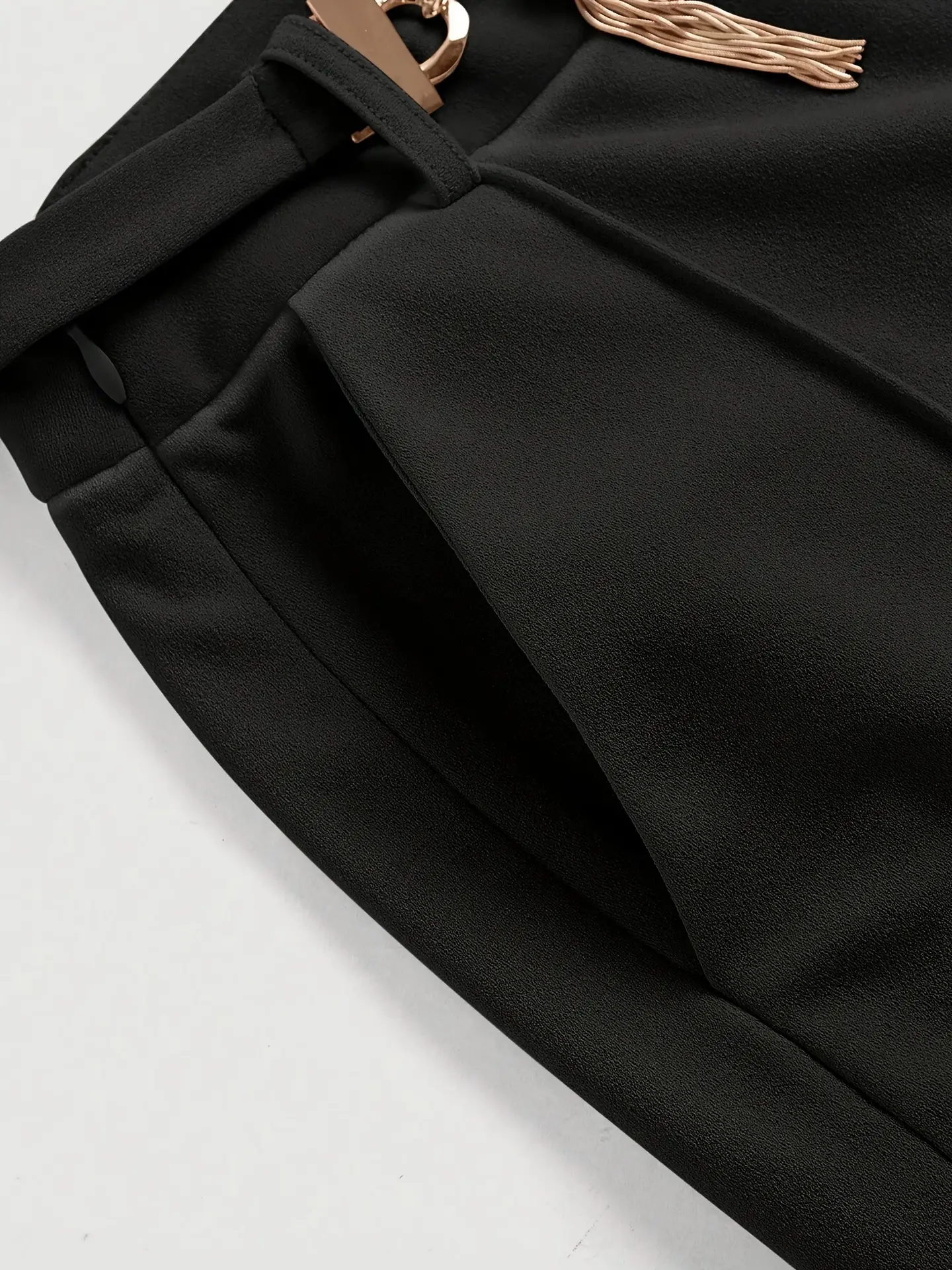 Black High-Waist Straight Pants with Metal Belt