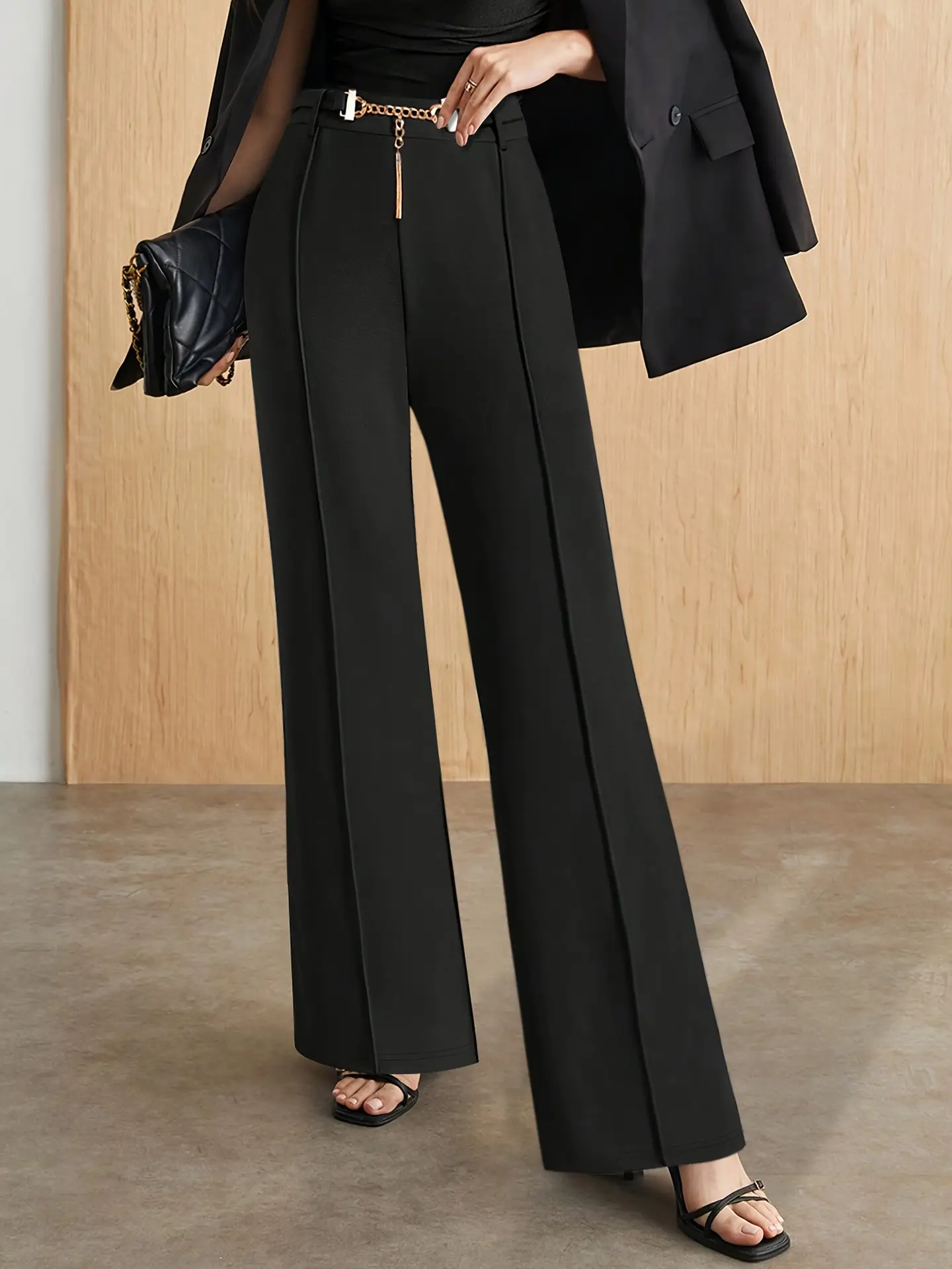 Black High-Waist Straight Pants with Metal Belt