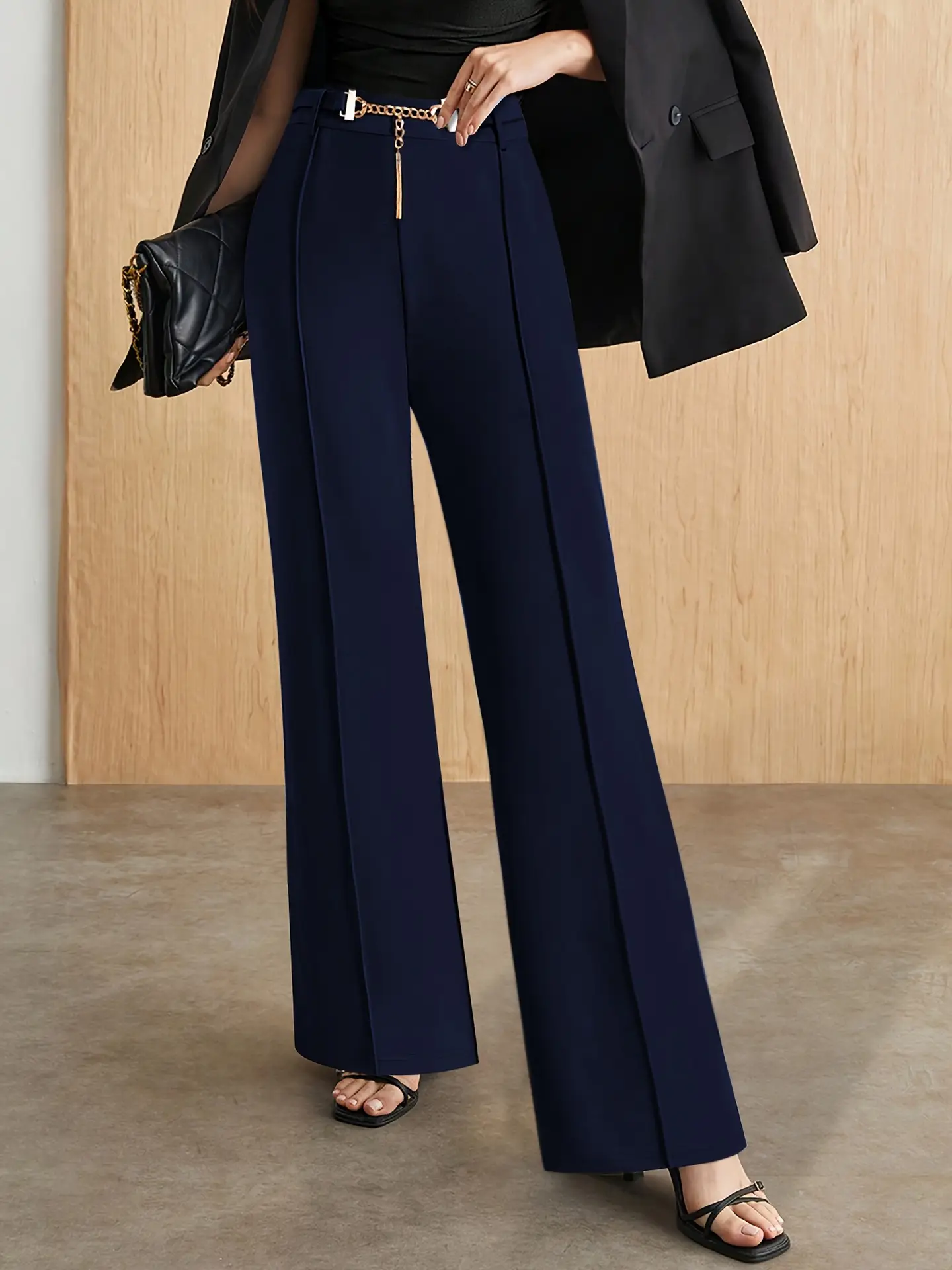 Black High-Waist Straight Pants with Metal Belt — feature 12