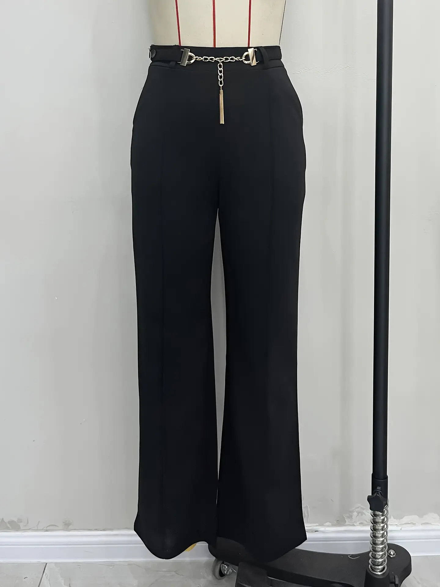 Black High-Waist Straight Pants with Metal Belt — feature 5