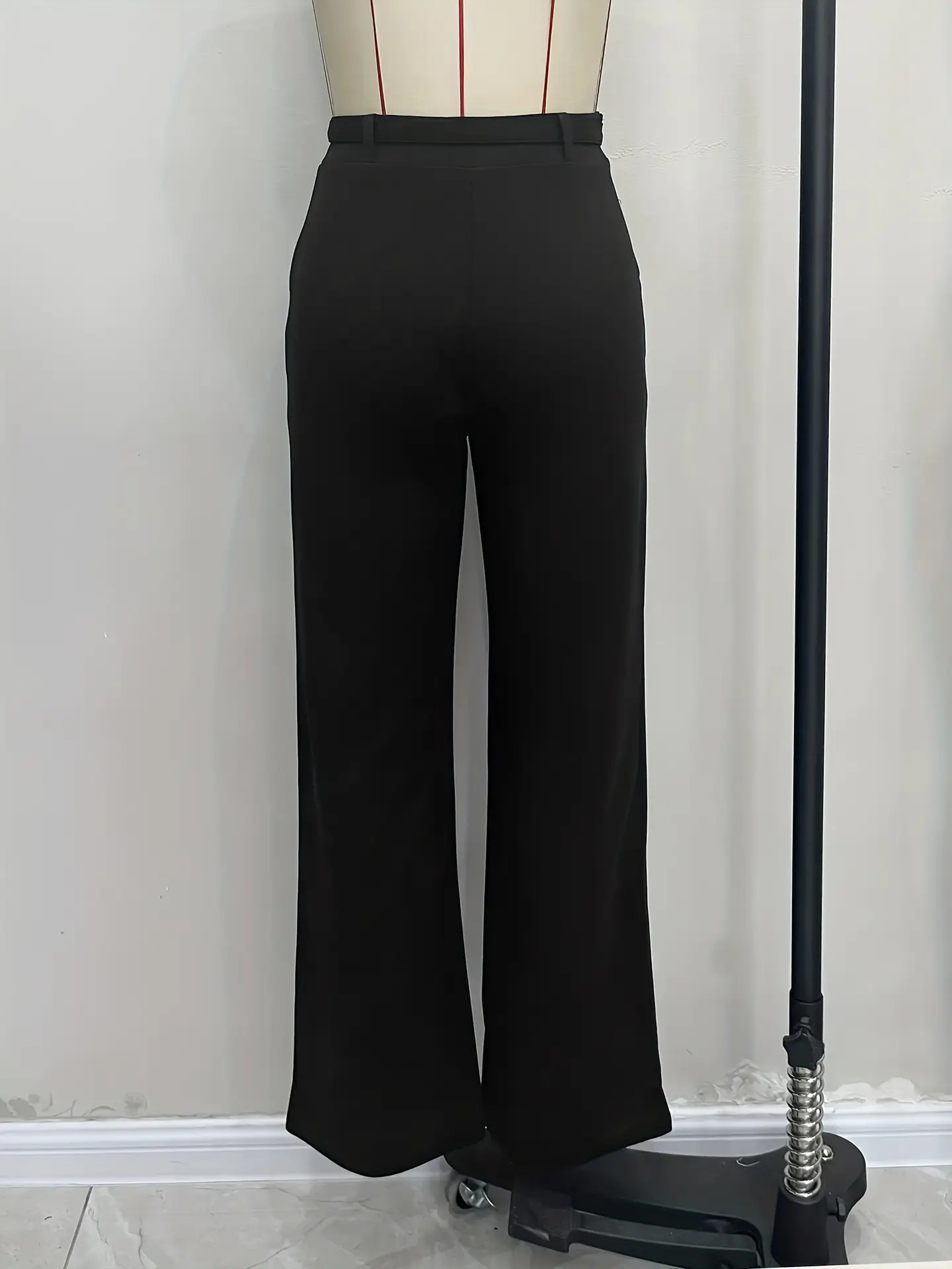 Black High-Waist Straight Pants with Metal Belt — feature 7