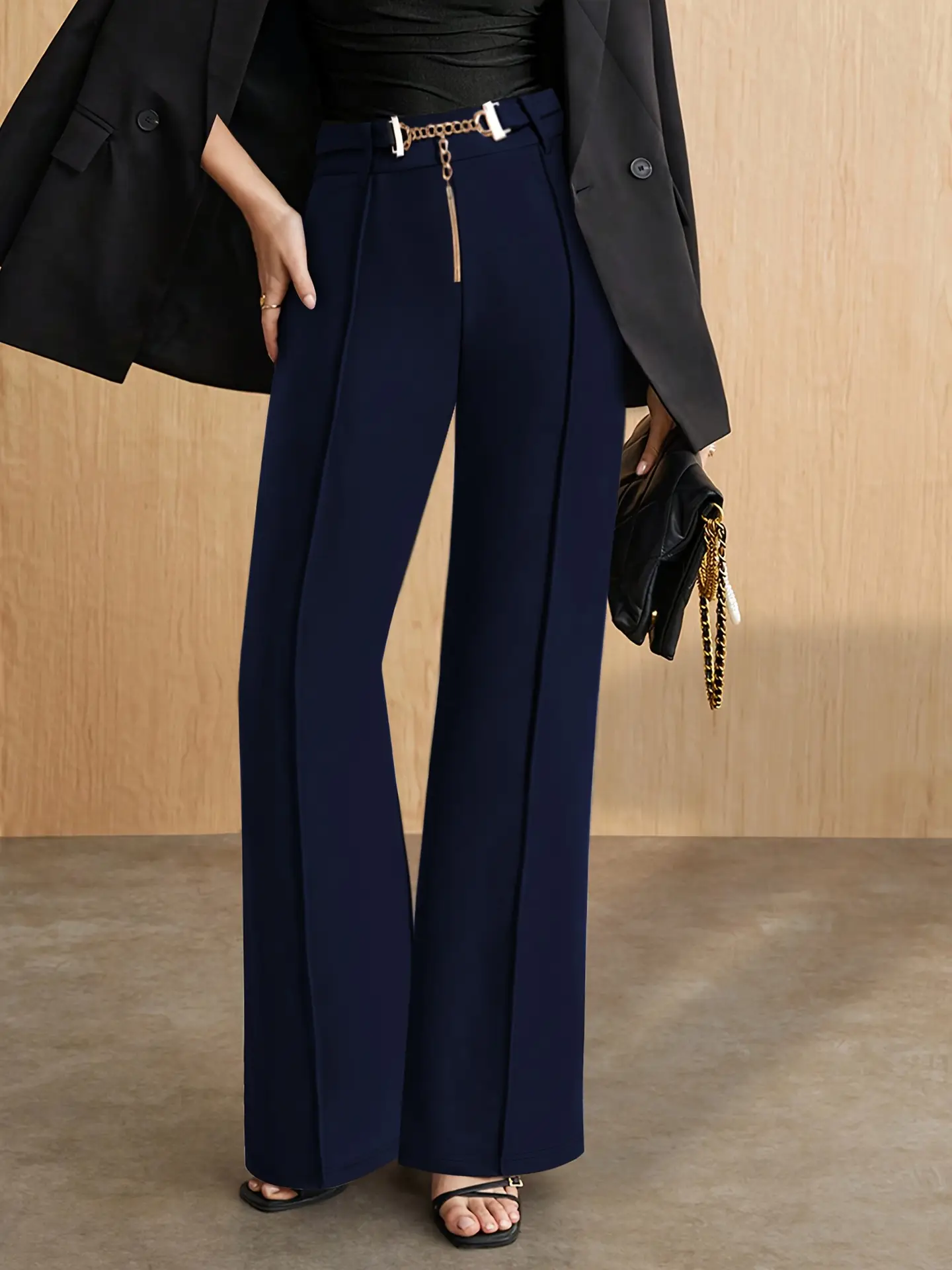 Black High-Waist Straight Pants with Metal Belt