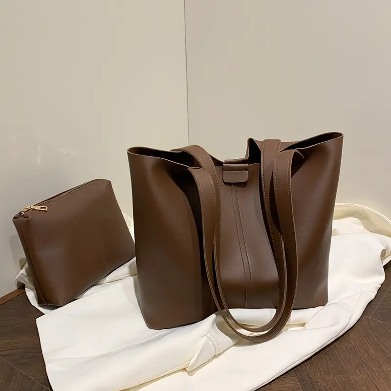 Black Leather Tote Bag with Pendant for Women