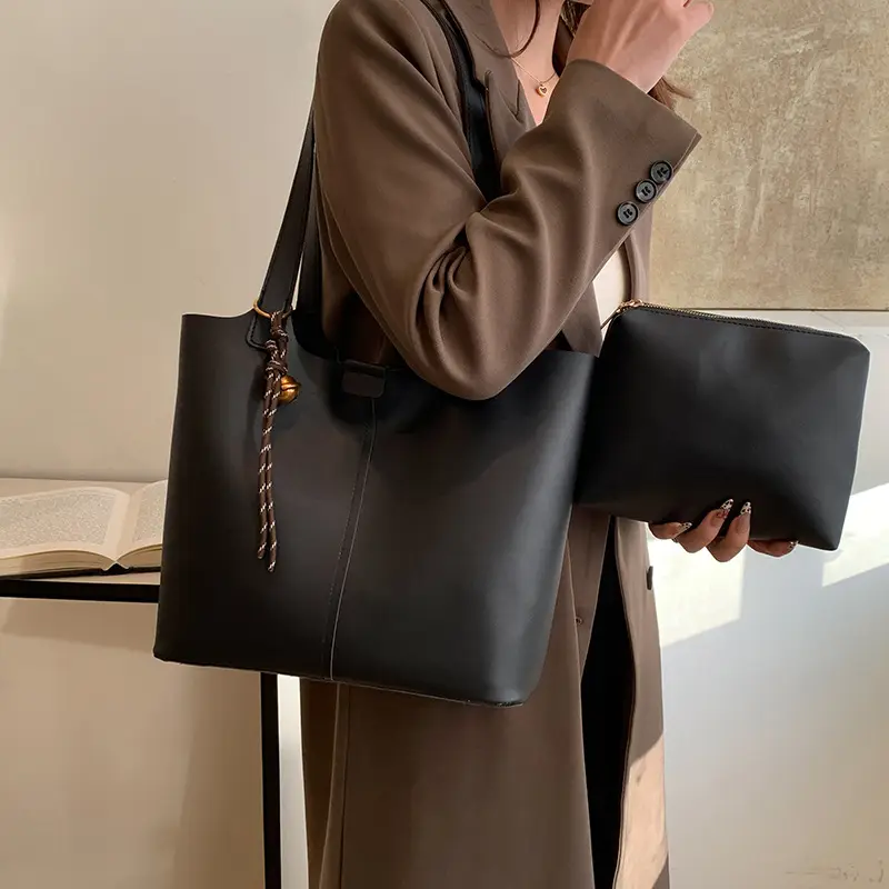 Black Leather Tote Bag with Pendant for Women
