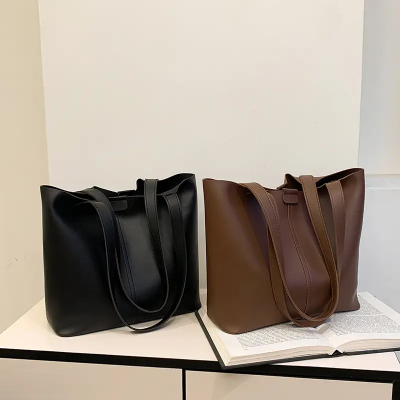 Black Leather Tote Bag with Pendant for Women