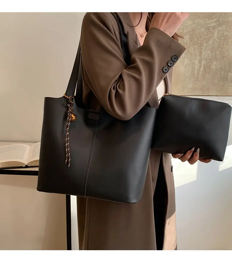 Black Leather Tote Bag with Pendant for Women — feature 2