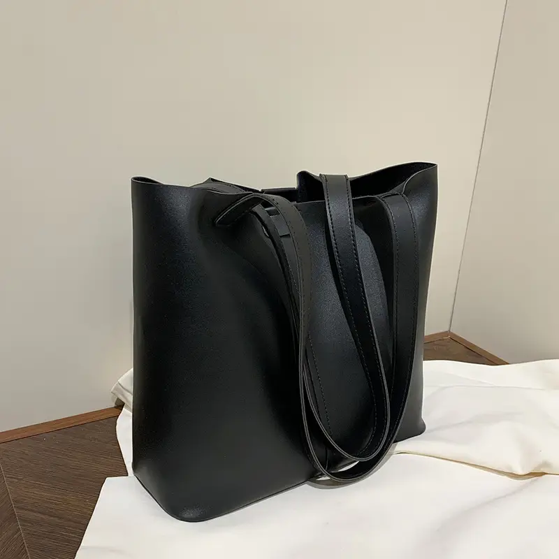 Black Leather Tote Bag with Pendant for Women