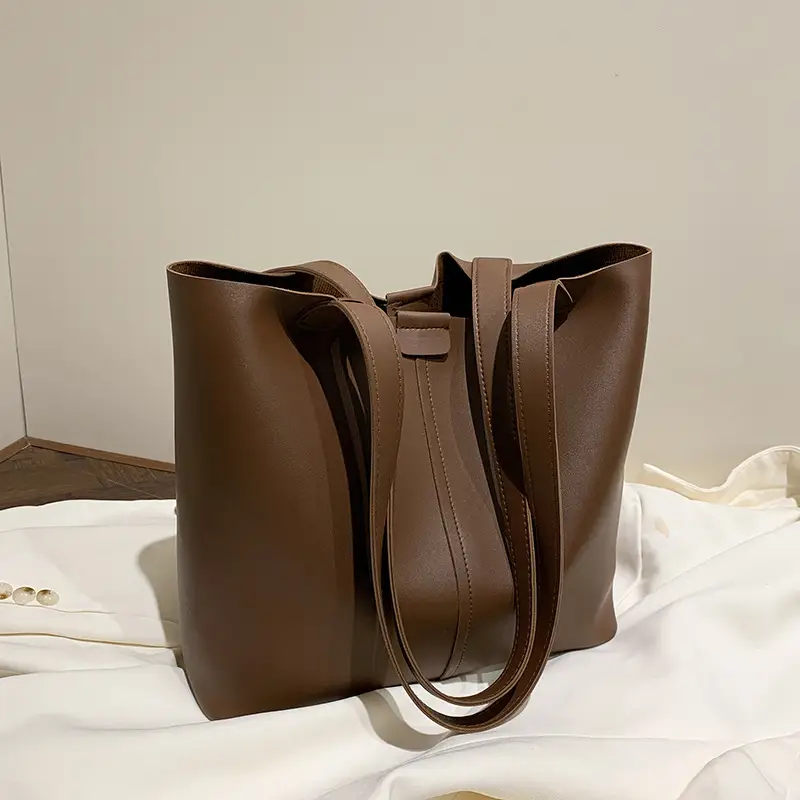 Black Leather Tote Bag with Pendant for Women