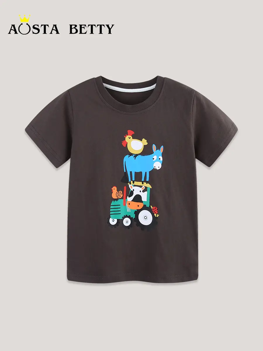 Boys Cartoon T-Shirt Brown Short Sleeve Knitted Cotton - Image 2