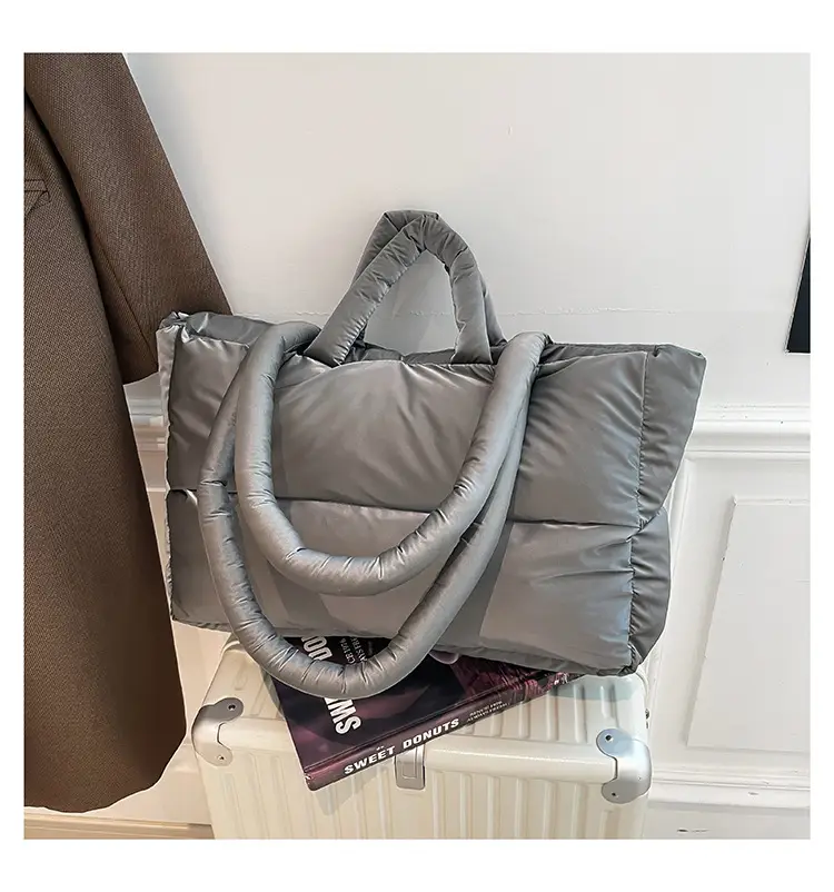 Women's Grey Puffer Shoulder Bag Large Capacity - Image 6